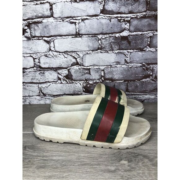 GUCCI Web White Rubber Logo Casual Slides Designer Sandals Men’s Sz 11M US/44EU - Picture 13 of 16